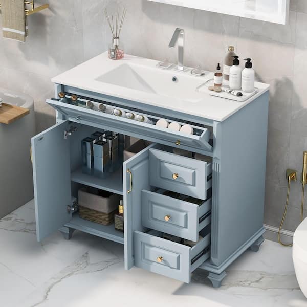 36 in. Freestanding Light Blue Bath Vanity with White Ceramic Top 3 Drawers and 2 Soft-Close Doors