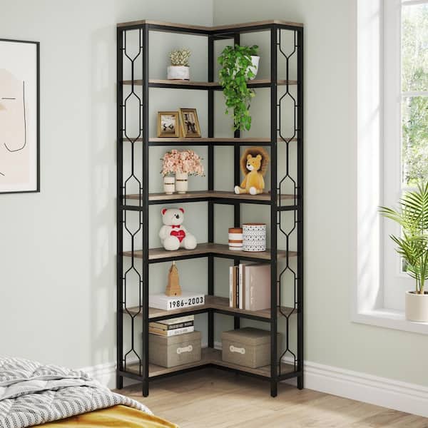Eulas 78.7 in. Tall Gray Wood 14-Shelf Corner Bookcase, 7-Tier Industrial Corner Freestanding Bookshelf Home Living Room