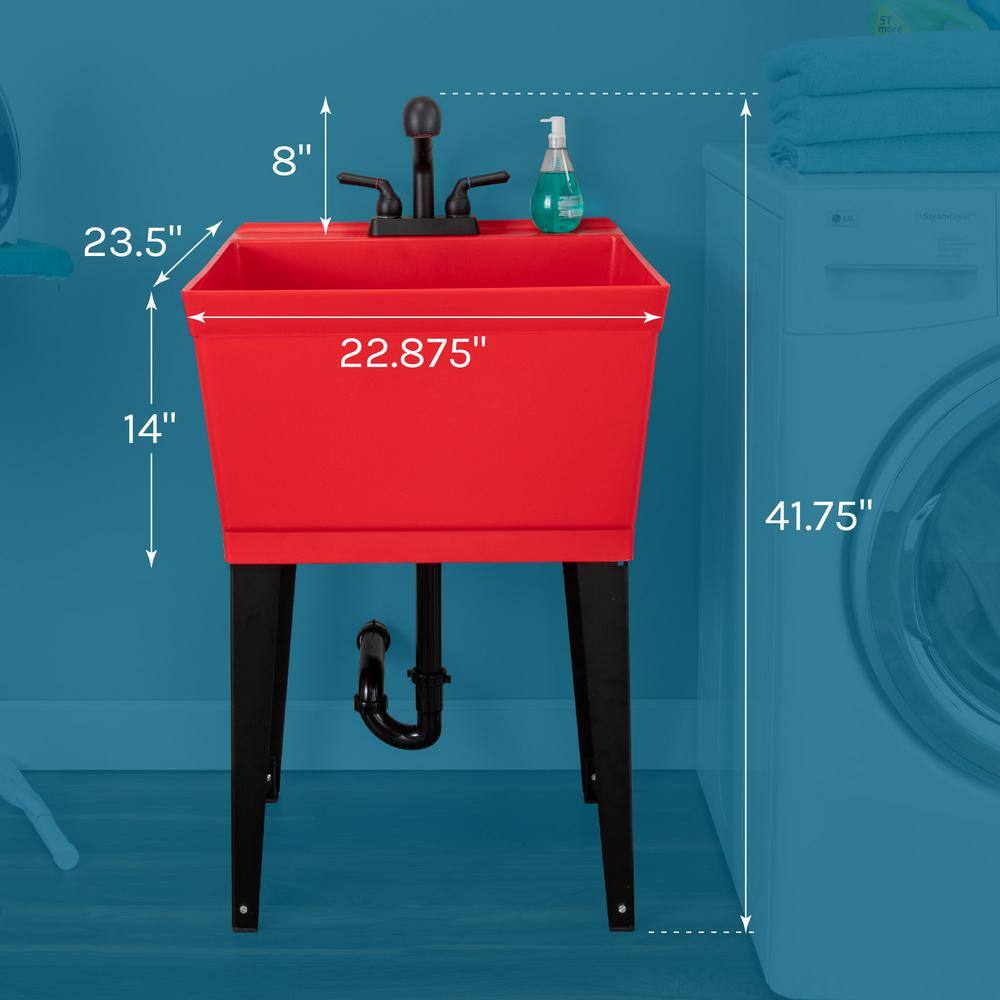 Red Thermoplastic Freestanding Utility Sink with Black Faucet
