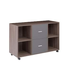 Versatile and Stylish Walnut and Dark Gray Filing Cabinet for Printer Holder with 2-Drawers and 4-Open Storage Cabinets