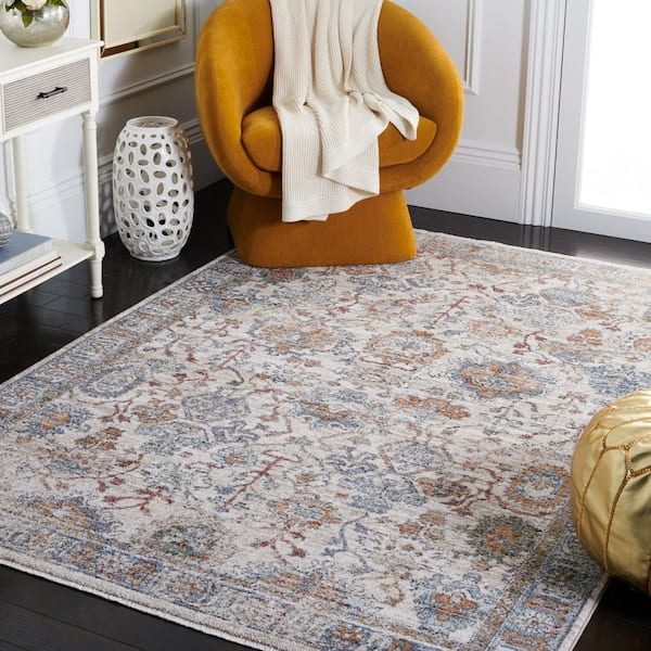 Jasmine 5 ft. x 5 ft. Ivory/Blue Distressed Ornate Square Area Rug