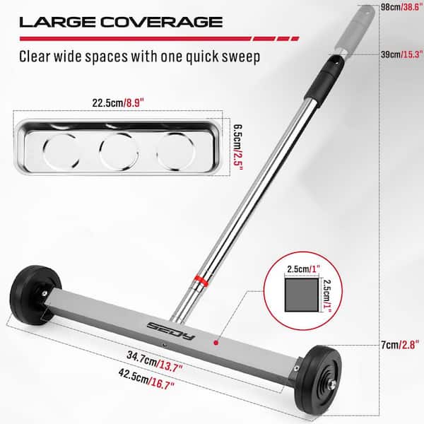 17 in. Magnet Sweeper Magnetic Nail Roller Heavy Duty Magnet Nail Pickup Rolling Tool with Telescoping Adjustable Handle