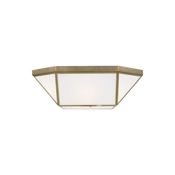 Morrison 15.5 in. 2-Light Satin Brass Flush Mount with White Glass Panels