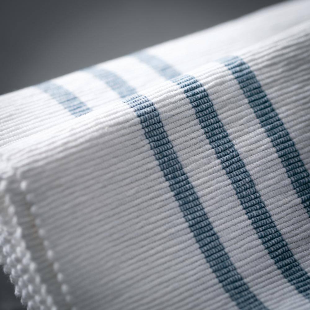 74" White and Blue Cotton Striped Table Runner with Fringed Ends