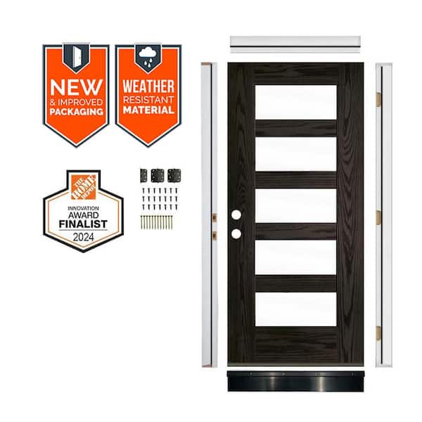 DIY 36 in. x 79" Modern 5-Lite Clear Glass Right-Hand Baby Grand Stain Fiberglass Front Door Kit w/ Quick Assemble Jamb