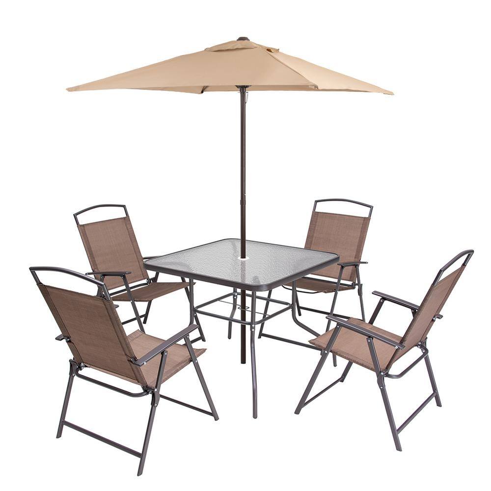 6-Piece Brown Steel and Glass Outdoor Dining Set with Tan Umbrella