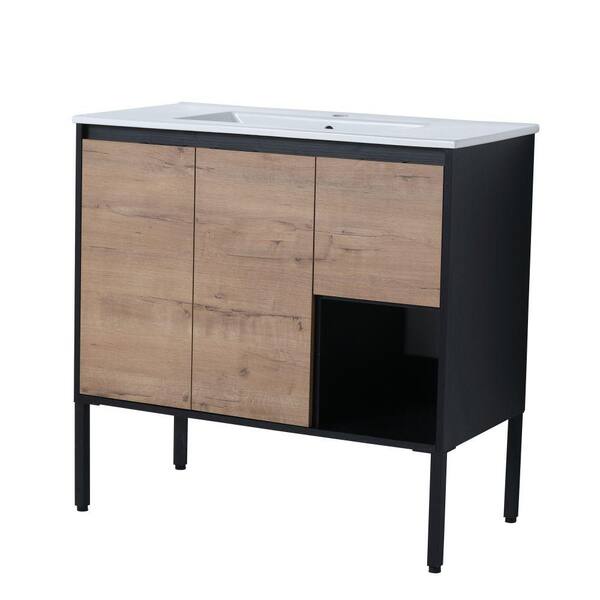 EPOWP 35.2 in. W x 17.9 in. D x 34.3 in. H Bath Vanity in Brown with White Granite Top