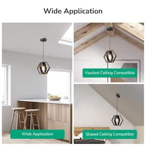 60-Watt 1-Light Metal Hanging Pipes Pendant Light with Bronze Wooden Grain Shade, No Bulbs Included