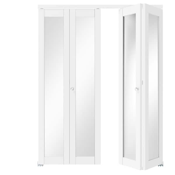 64 in. x 80 in. Full Lite White Mirrored Glass Solid Core MDF PVC Covering Bi-Fold Door with Hardware Kits