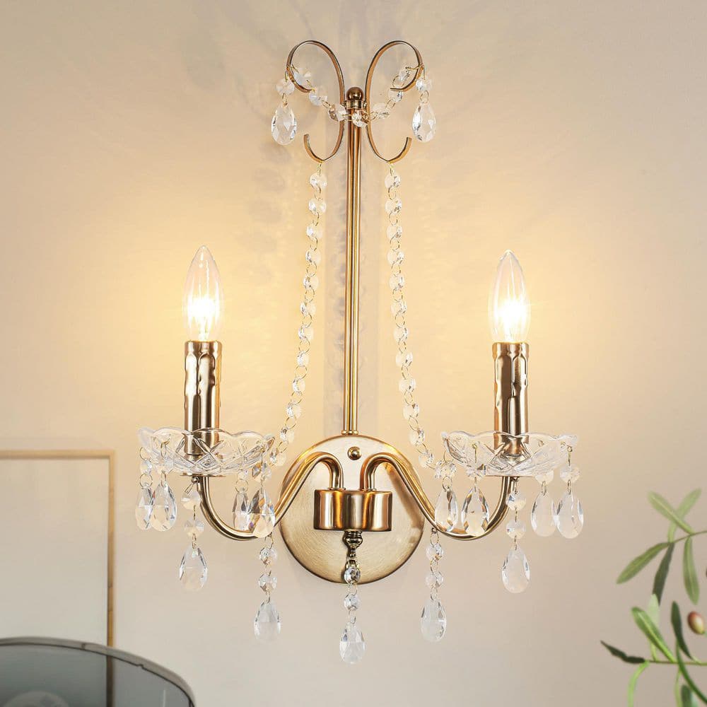 Farmhouse 15 in. 2-Light Vintage Brass Wall Sconce with Clear Glass Crystal Beads for Living Room Kitchen Bedroom price history on PriceWatchPro