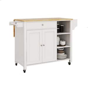 White Double Door Kitchen Island with Lockable Wheels Towel Rack and Shelves(46.87 in. W x 19.68 in. D x 35 in. H)