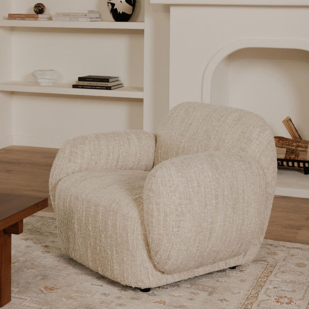 Elwood Off White Boucle Fabric Arm Chair with Low-Profile Design and Foam Cushioning