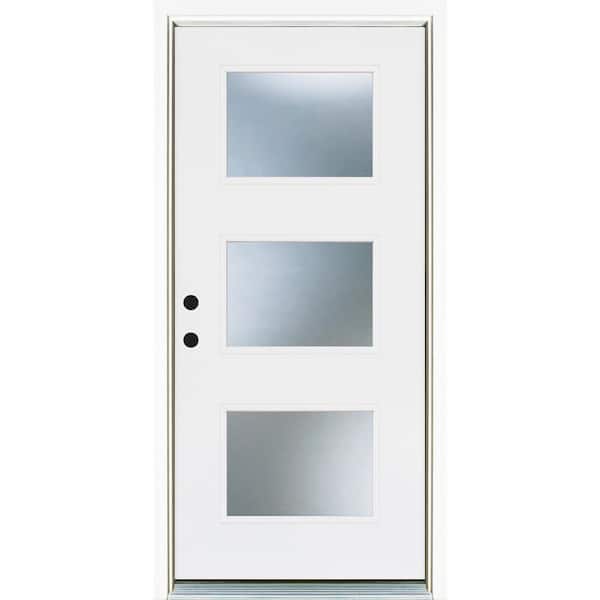 MP Doors 36 in. x 80 in. Smooth White Right-Hand Inswing 3-Lite Frosted Finished Fiberglass Prehung Front Door
