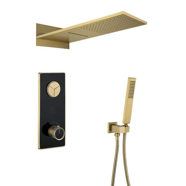 3-Spray Dual Wall Mount Fixed and Handheld Shower Head 1.59 GPM in Brushed Gold LED Digital Display Thermostatic Value
