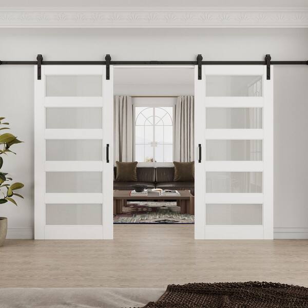 ARK DESIGN 72 in. x 80 in. 5-Lite Tempered Frosted Glass White Primed MDF Composite Sliding Barn Door with Hardware Kit