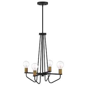 Ravella 4-Light Mid-Century Black Chandelier with Old Satin Brass Accents For Dining Rooms