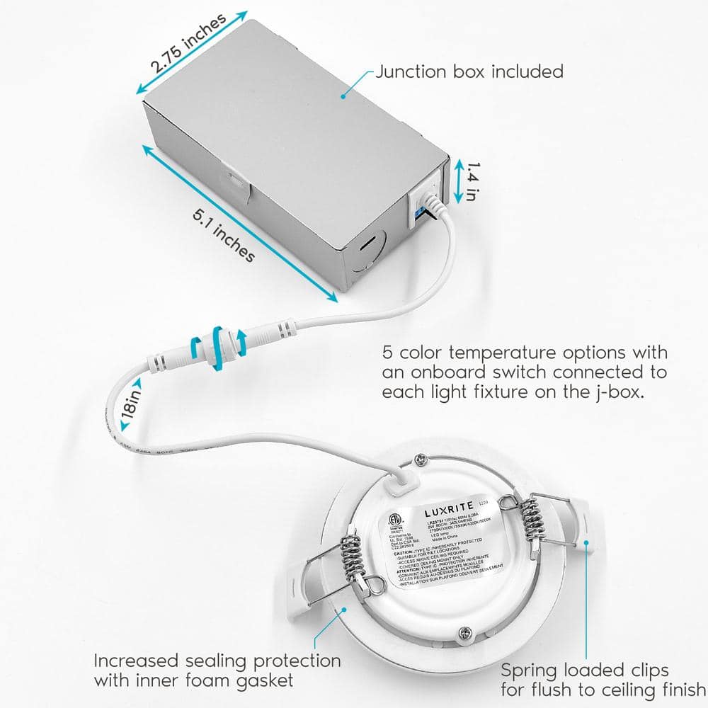 Luxrite 3" Ultra-Thin LED Recessed Light, Color Temperature Selectable, Dimmable