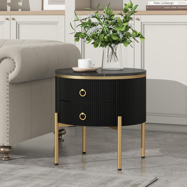 Nestfair 19.6 in. Black Round MDF Tabletop Coffee Table with 2 Drawers