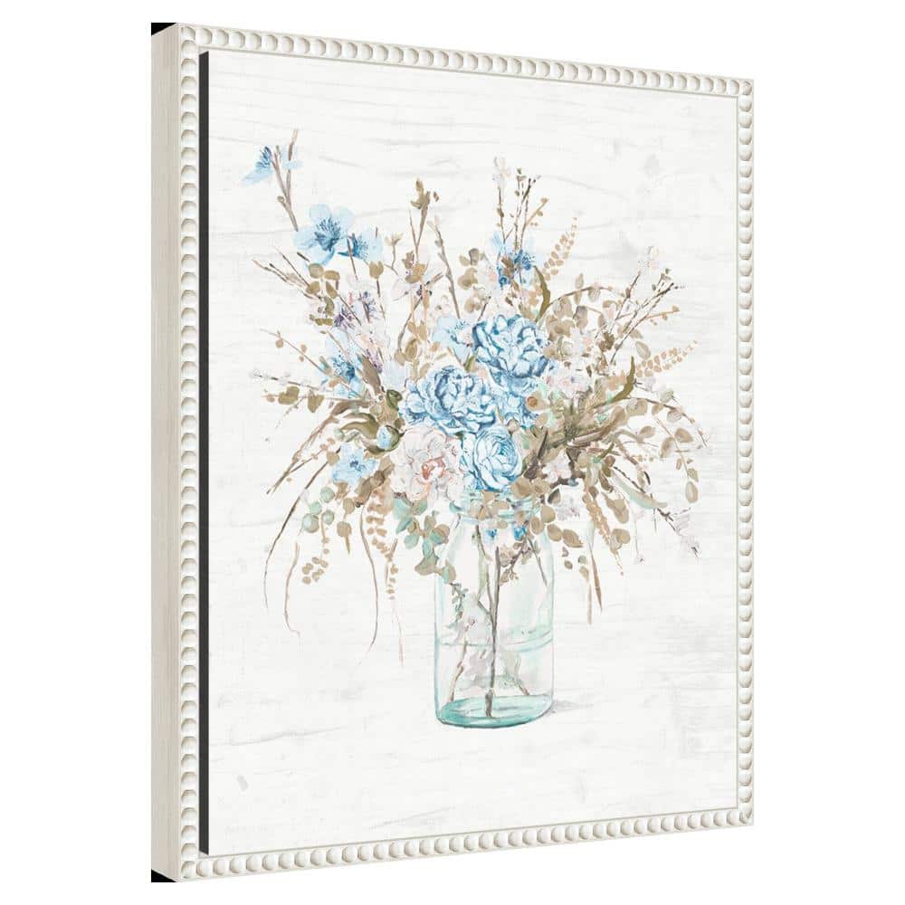 Blue Flowers in Glass Vase with White Beaded Frame Canvas Wall Art
