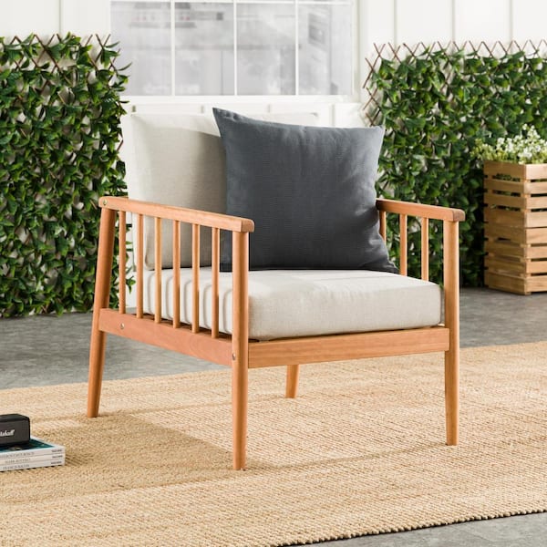 Walker Edison Furniture Company Natural Eucalyptus Wood Modern Outdoor Spindle Lounge Chair with Light Pewter Cushions