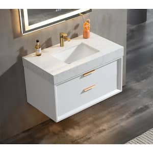 36 in. W x 20.9 in. D x 21.3 in. H Wall Mount Bath Vanity in White with Light, White Cultured Marble Top Single Sink