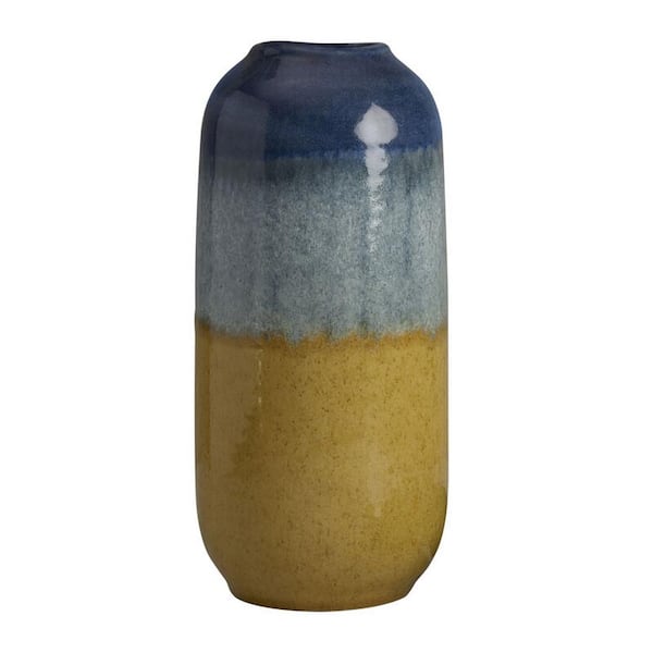 Elements Blue and Tan Ceramic Vase, for Use with Dried or Faux Flowers, 5.71x5.71x12.2 Inch
