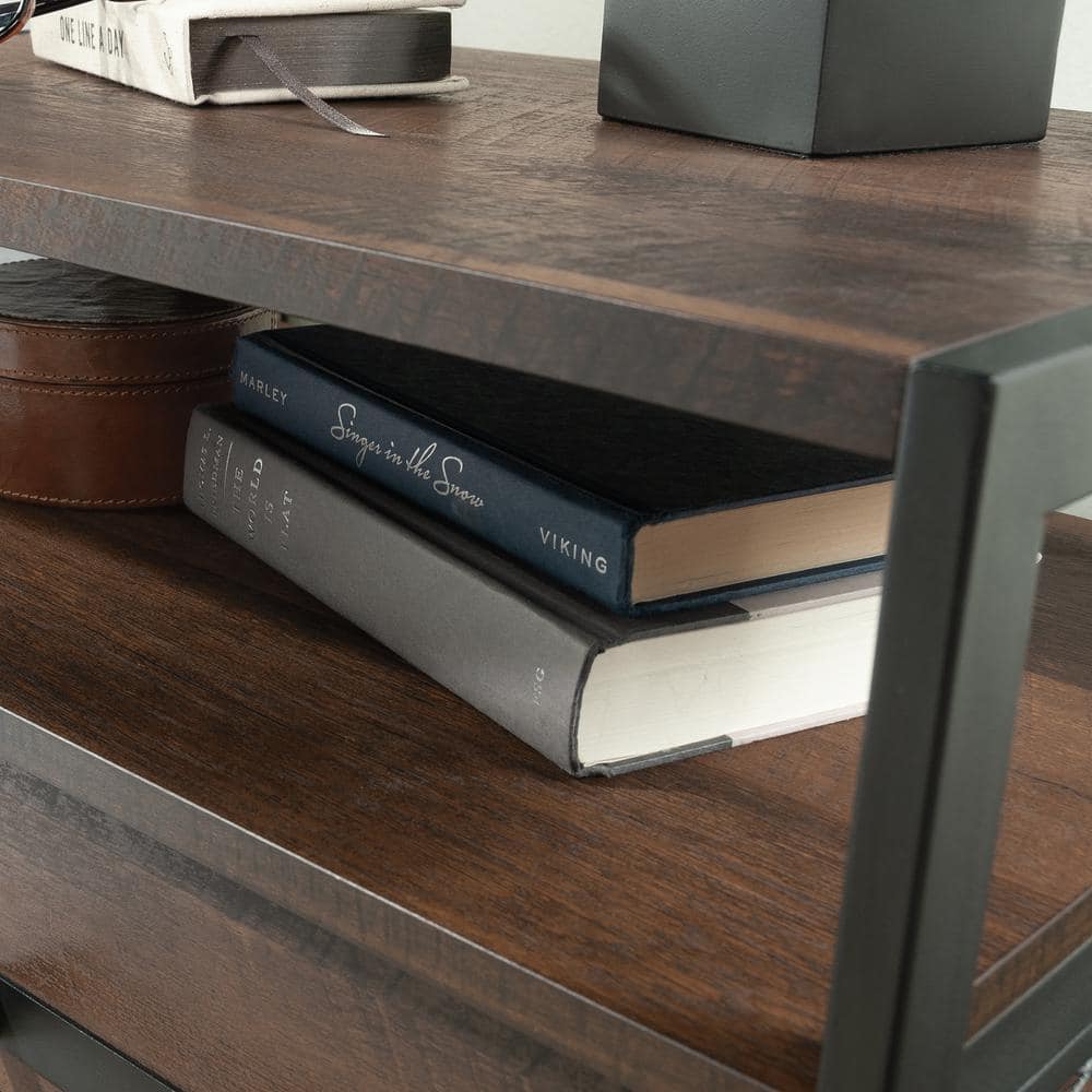 Barrel Oak and Metal Frame Nightstand with Drawer
