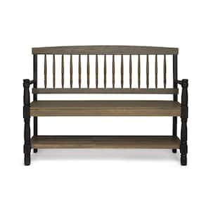 2-Person Grey and Black Acacia Wood Outdoor Bench with Shelf