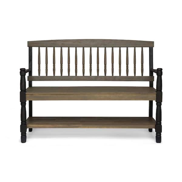 Zeus & Ruta 2-Person Grey and Black Acacia Wood Outdoor Bench with Shelf