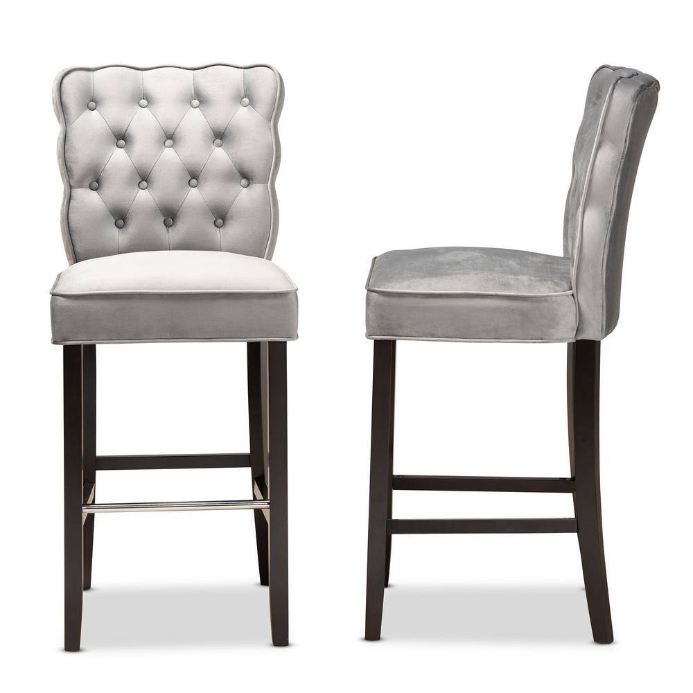 Adjustable Gray Velvet and Wood Bar Stool Set