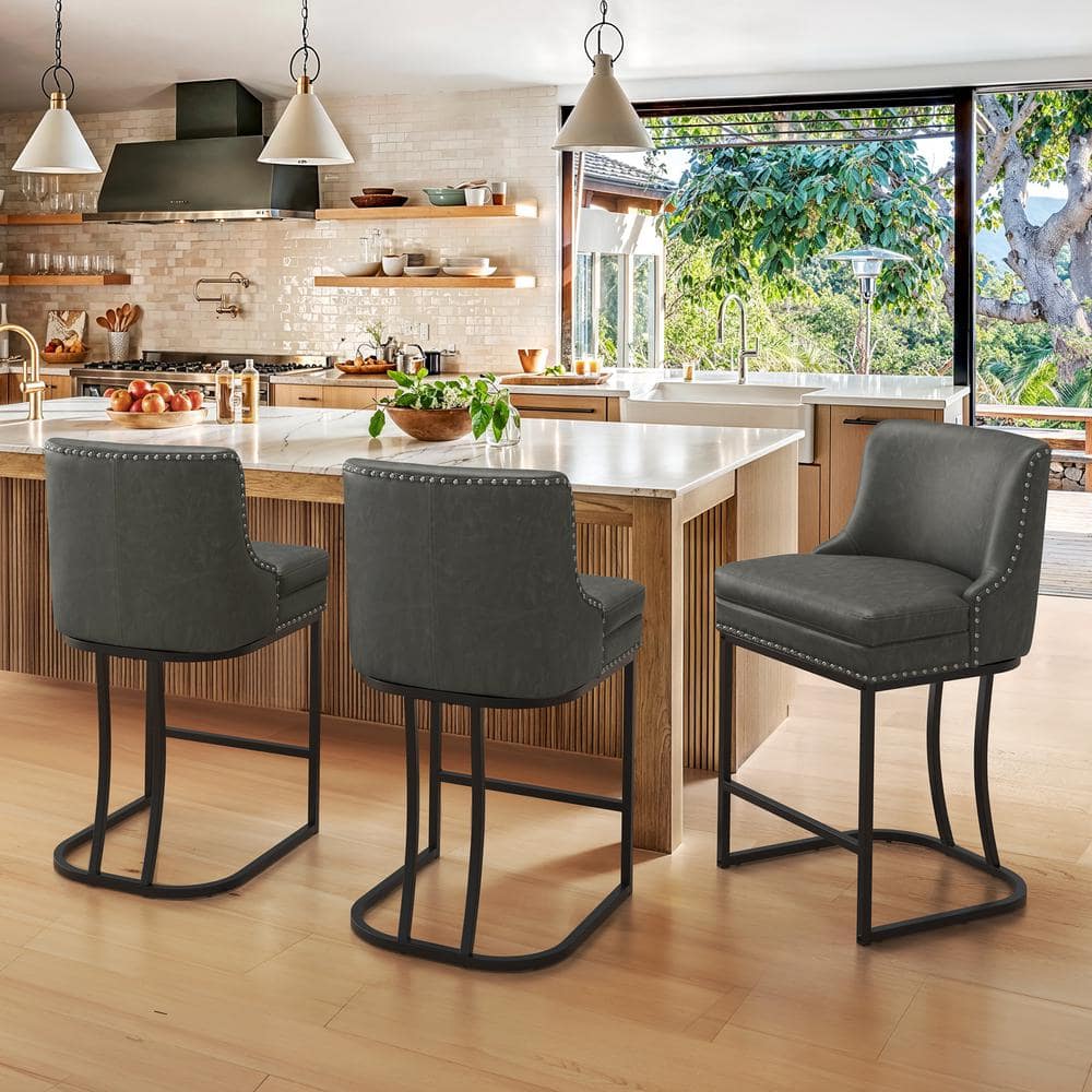 Aurora 26 in. Black Gray Faux Leather Upholstered Counter Height Bar Stool with Metal Cushion Bar Stool Set of 3 price history on PriceWatchPro