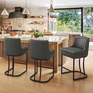 Aurora 26 in. Black Gray Faux Leather Upholstered Counter Height Bar Stool with Metal Cushion Bar Stool Set of 3