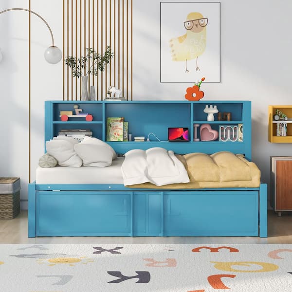 Blue Twin Daybed with Twin Trundle/Storage Shelves/USB Ports