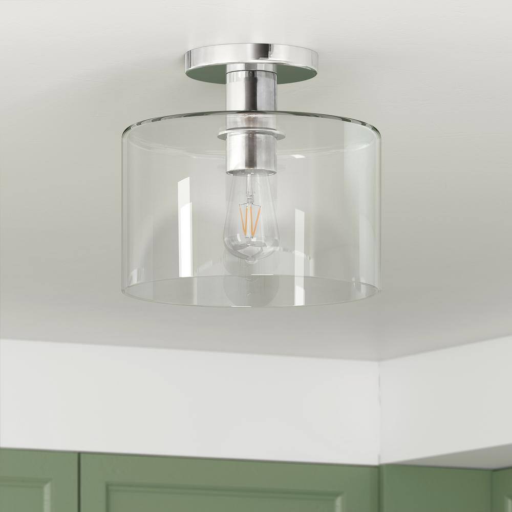 Henri Polished Nickel 10" Drum Semi-Flush Mount with Clear Glass Shade