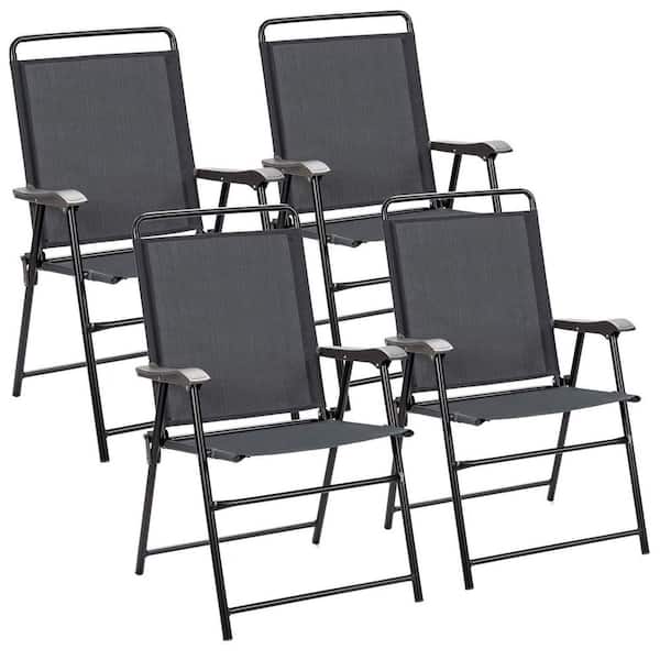Alpulon Gray Steel Portable Folding Chair Outdoor Patio Dining Chair with Armrest (4-Pack)