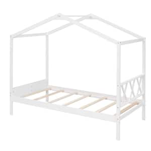 White Wood House Bed Twin Size for Kids, Kids Platform Bed Frame with Slats, Roof and Storage, Montessori Bed