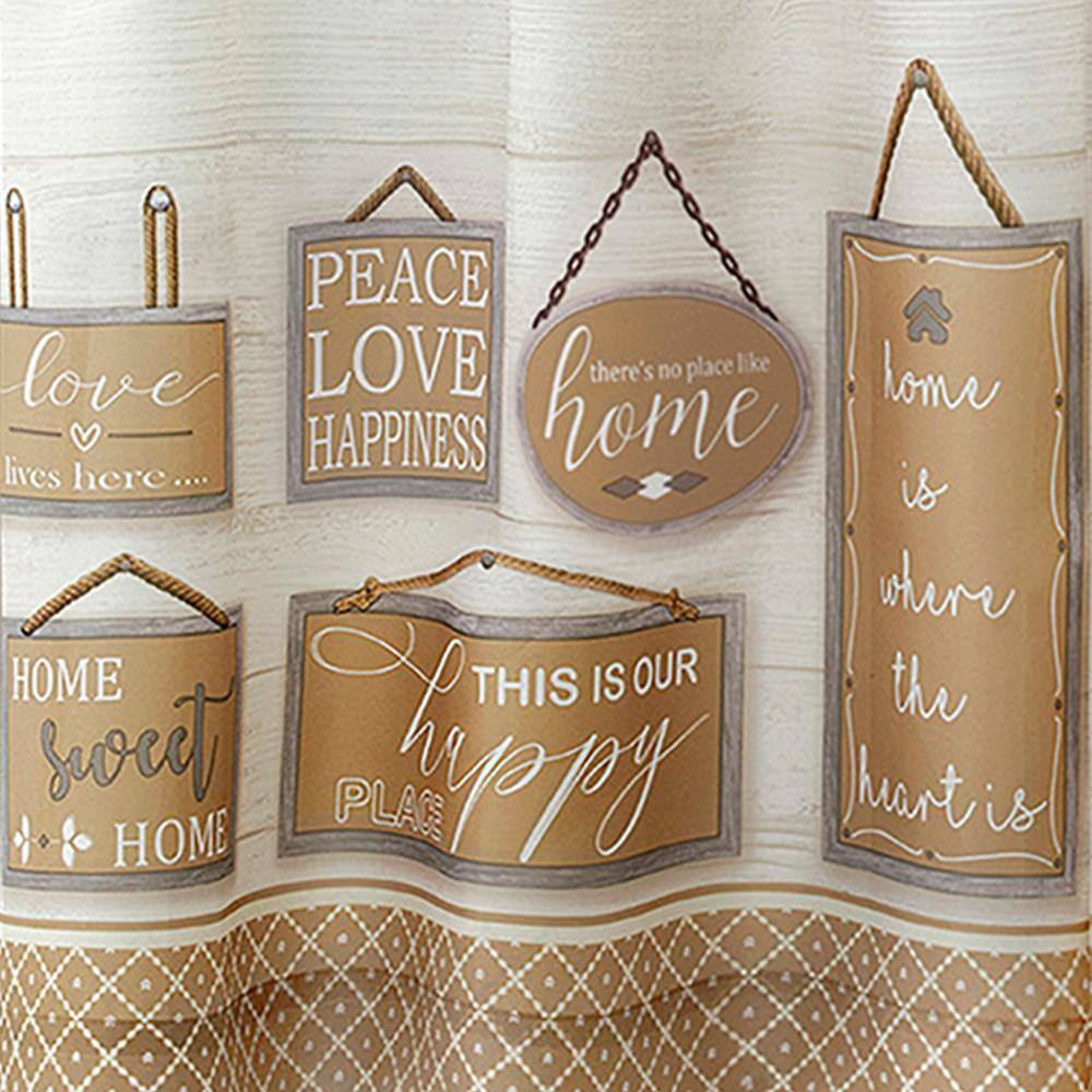 Tan Polyester Light Filtering Cafe Curtains with Typography