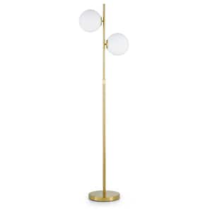 73 in. Brass 2-Light Smart Dimmable Tree Floor Lamp for Living Room with Glass Round Shades