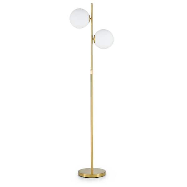 Merra 73 in. Brass 2-Light Smart Dimmable Tree Floor Lamp for Living Room with Glass Round Shades