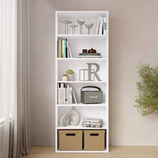 63.23 in. Tall White Wood 6-Shelf Etagere Bookcase with Adjustable Shelves