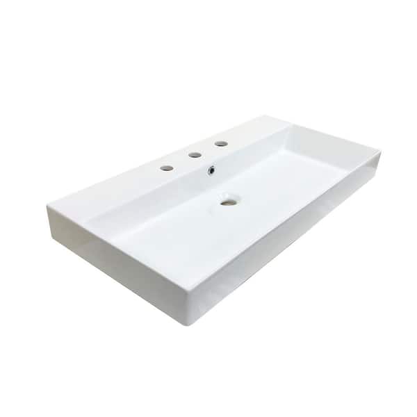 WS Bath Collections Energy 85 Wall Mount / Vessel Bathroom Sink in Ceramic White with 3 Faucet Holes