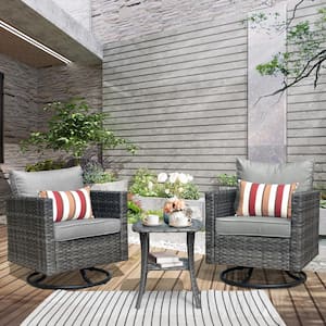 Megon Holly Gray 3-Piece Wicker Patio Conversation Seating Sofa Set with Dark Gray Cushions and Swivel Rocking Chairs