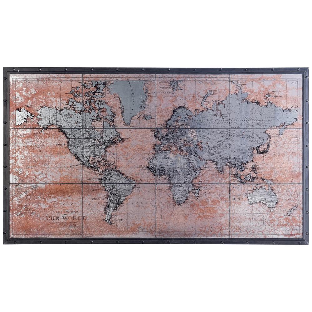 StyleCraft Earth "Glass Rustic Atlas" Tiled Antique Glass Printed Map Framed Travel Wall Art in Riveted Black Iron 32 in. x 55 in.