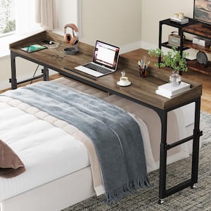 Moronia 70.86 in. Rectangular Gray Wood Height Adjustable Overbed Table Computer Desk with Wheels, Outlets and Tiltable