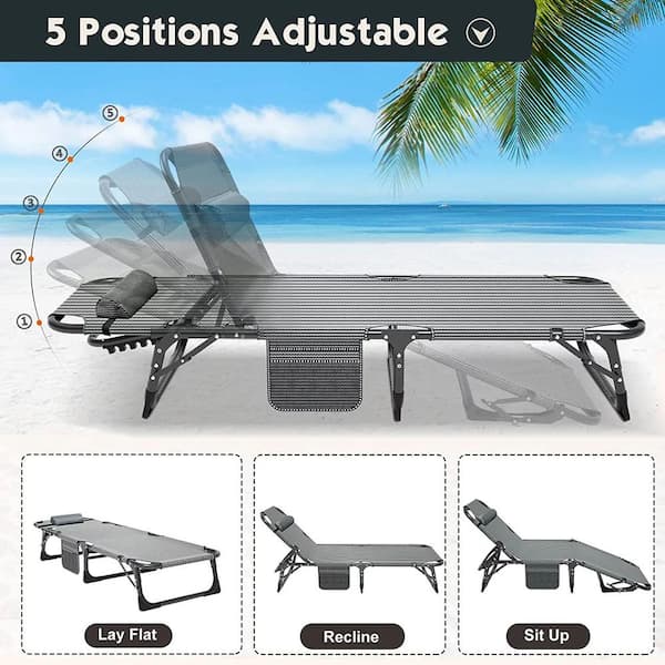 Portable Lounge Chair Black 5 Fold Sleeping Cots Steel Outdoor Lounge Chair with Cushion Guard Gary Cushion 1 Pack