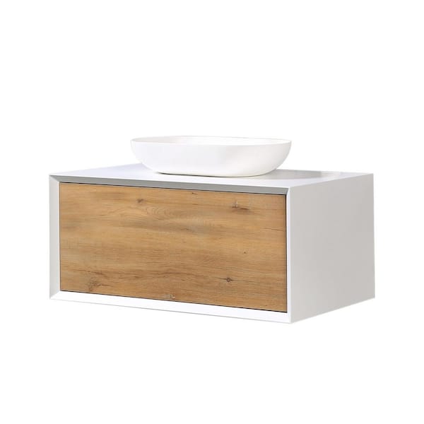36 in. W x 22 in. D x 16 in. H Wall-Mounted Bath Vanity in White Oak with Matt White solid surface Top