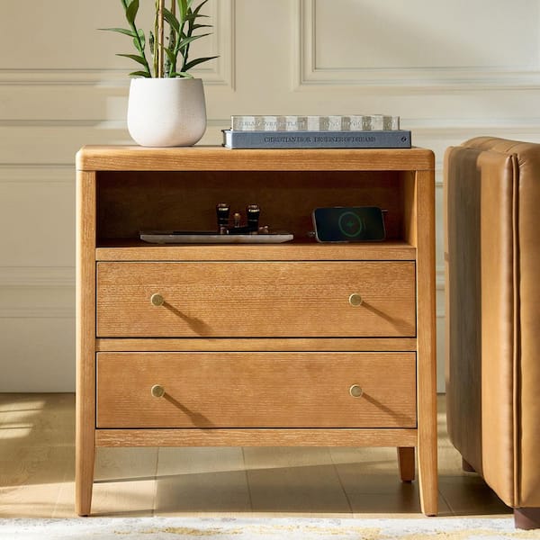 Meneghin Oak 2-Drawer Nightstand with Built-in Charging Ports