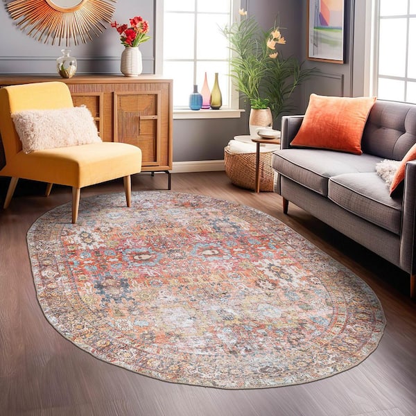 Transitional Distressed Machine Washable Non Slip Multi 5 ft. x 7 ft. OVAL Area Rug
