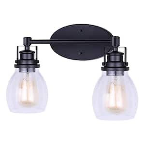 Carson 16 in. 2-Light Matte Black Vanity Light with Seeded Glass Shade