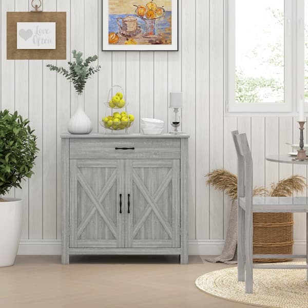 HOMCOM Light Gray MDF 31.5 in. Farmhouse Sideboard with 1 Drawer and Adjustable Shelf